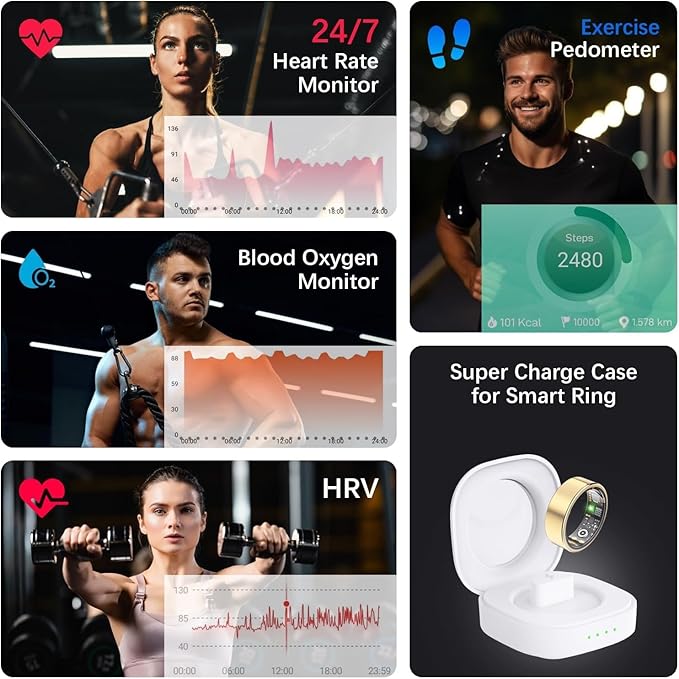 Health Tracker Ring, Smart Health Ring for Women Men with Heart Rate, Blood Oxygen, Sleep Monitor, Steps,Calories, No Subscription Fee, IP68 Waterproof Smart Ring for iPhone & Android (Gold, 8#)