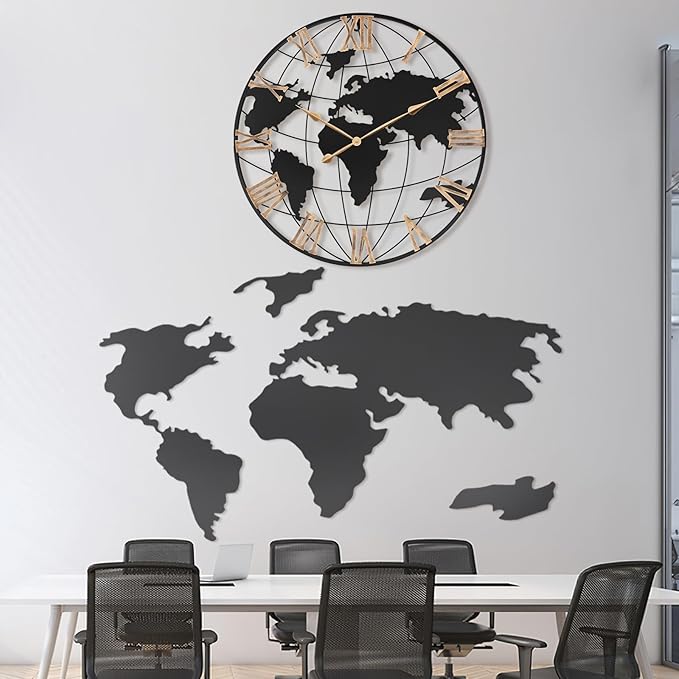 36 Inch Extra Giant Oversized Black Metal Wall Clock,Large Modern Decorative Silent World Map Wall Clock with Vintage Gold Roman Numeral for Living Room,Entrance Fireplace,Dining Room Decor