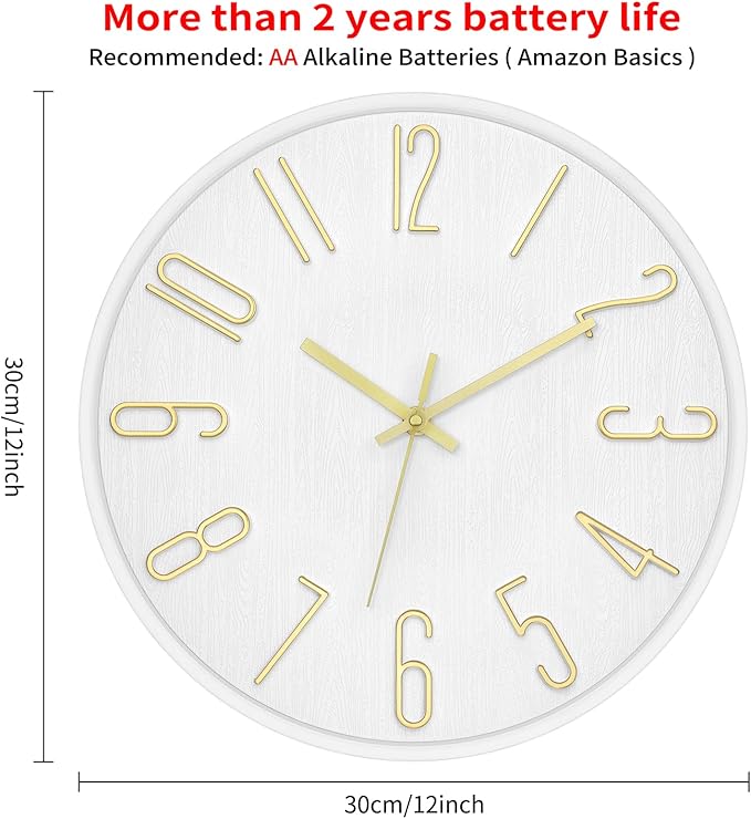 Foxtop Wall Clock 12 Inch Silent Non Ticking Battery Operated Round Wall Clock Modern Simple Style Clocks Decorative for Home Office Bedroom Kitchen School (White)