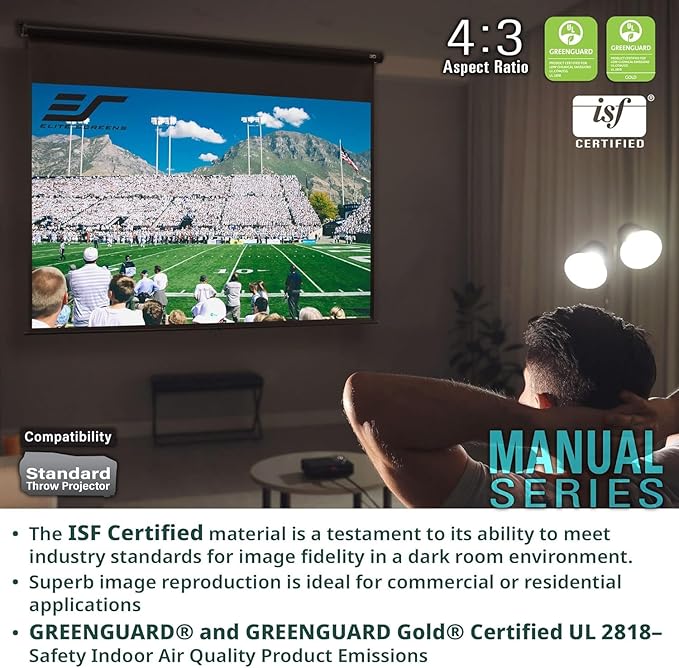 Elite Screens Manual Series, 80-INCH, 4:3 Aspect Ratio. Manual Pull Down Projector Screen with AUTO LOCK for Home Movie Theater, 8K / 4K Ultra HD 3D Ready, M80NWV, White