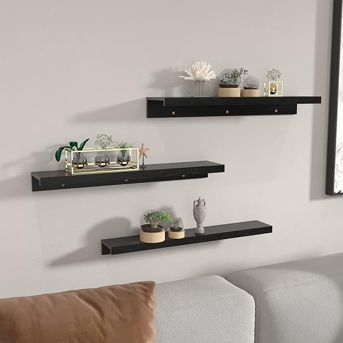 Giftgarden 24 Inch Black Floating Shelves Wall Mounted Woodgrain Picture Ledge Shelf for Storage Bedroom Bathroom Kitchen Living Room Office, Set of 3 Different Sizes