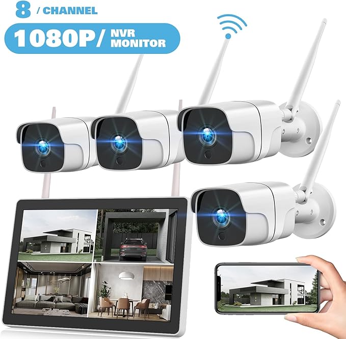 Wireless Security Camera System with 12" Monitor &500GB HDD, 8CH NVR Security Camera System Wireless Outdoor with 4pcs WiFi Cameras, Night Vision 24/7 Recording (500GB HDD+4cam+12" Monitor)