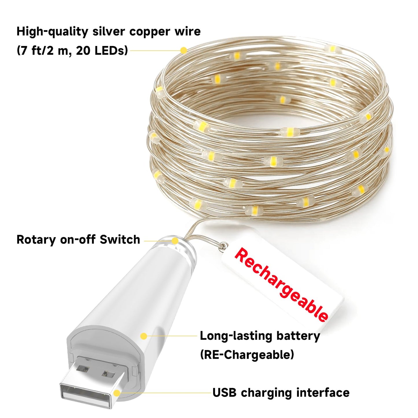 OUSMIN Rechargeable Fairy Lights - 20 LED String Lights, USB Battery Operated, 7ft, White, for Mason Jars and Wedding Decor