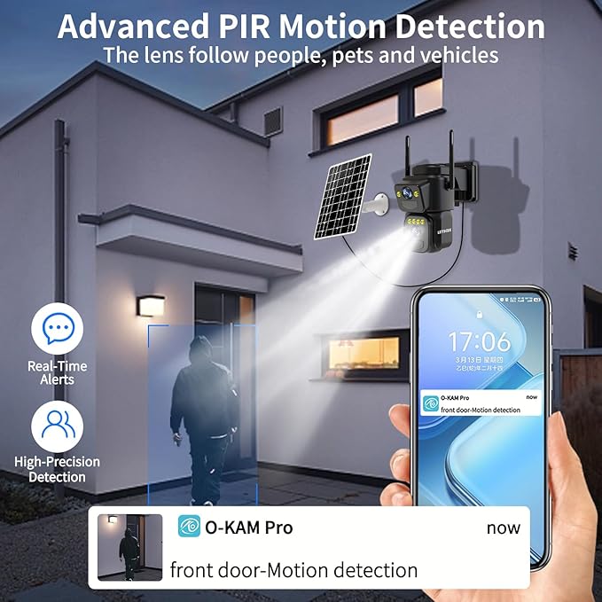 Dual Lens Security Cameras Wireless Outdoor，Solar Cameras for Home Security，Motion Detection,Night Vision,No Month Fee,IP65 Water Proof
