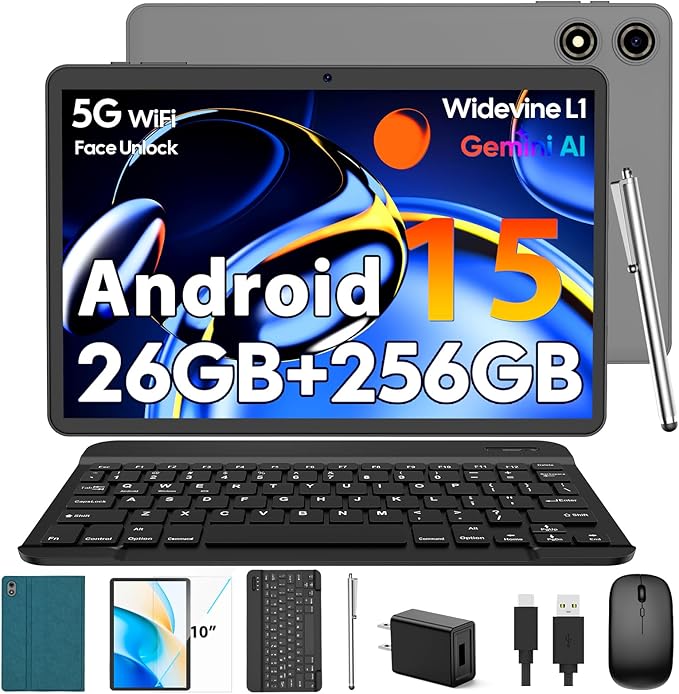 10 Inch Android 15 Tablet with Keyboard, 26GB RAM+256GB ROM(2TB Expand), 2-in-1 Tablet with 8000mAh Battery, 2.4G/5G WiFi, Widevine L1, Dual Camera, Split Screen, Mouse, Stylus, Case(Green Case)