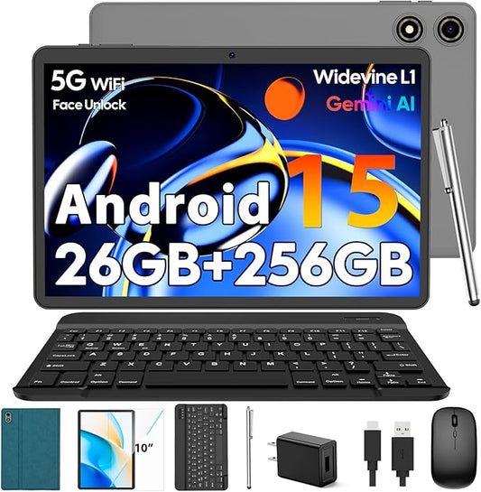 10 Inch Android 15 Tablet with Keyboard, 26GB RAM+256GB ROM(2TB Expand), 2-in-1 Tablet with 8000mAh Battery, 2.4G/5G WiFi, Widevine L1, Dual Camera, Split Screen, Mouse, Stylus, Case(Green Case)