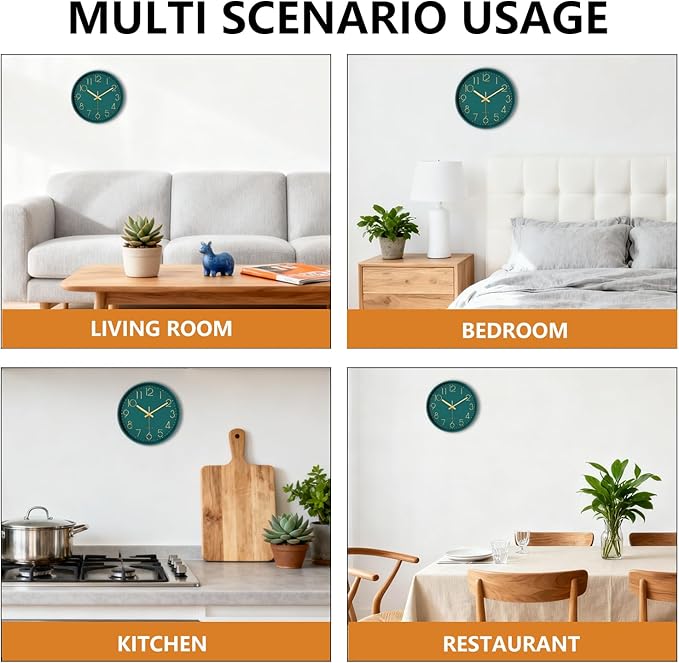Silent Wall Clocks Battery Operated 8 Inch, Analog Wall Clock with Large Number Tempered Glass Clock Face, Dark Green Quartz Non Ticking Wall Clocks for Living Room Bedroom Kitchen Office