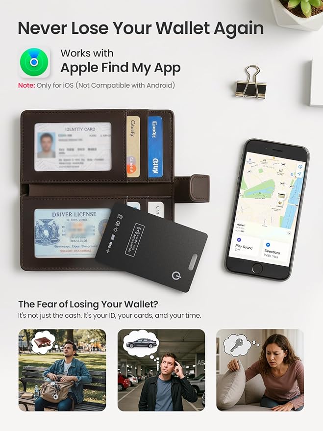 Wallet Tracker Card – Works with Apple Find My [Apple MFi Certified, iOS Only], Slim 1.65mm Bluetooth Item Finder, IP68 Waterproof, Wireless Rechargeable GPS Locator for Wallet, Keys & Luggage