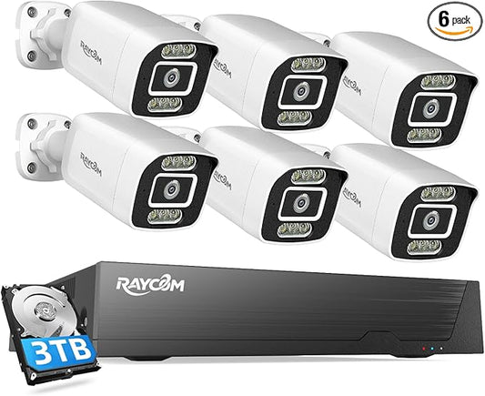 Rraycom 8CH 4K Security Camera System, 6PCS H.265 5MP Wired PoE Cameras for Home Security Outdoor, Person Vehicle Detection, Color Night Vision, 8 Ports NVR with 3TB HDD Suitable for 24/7 Recording