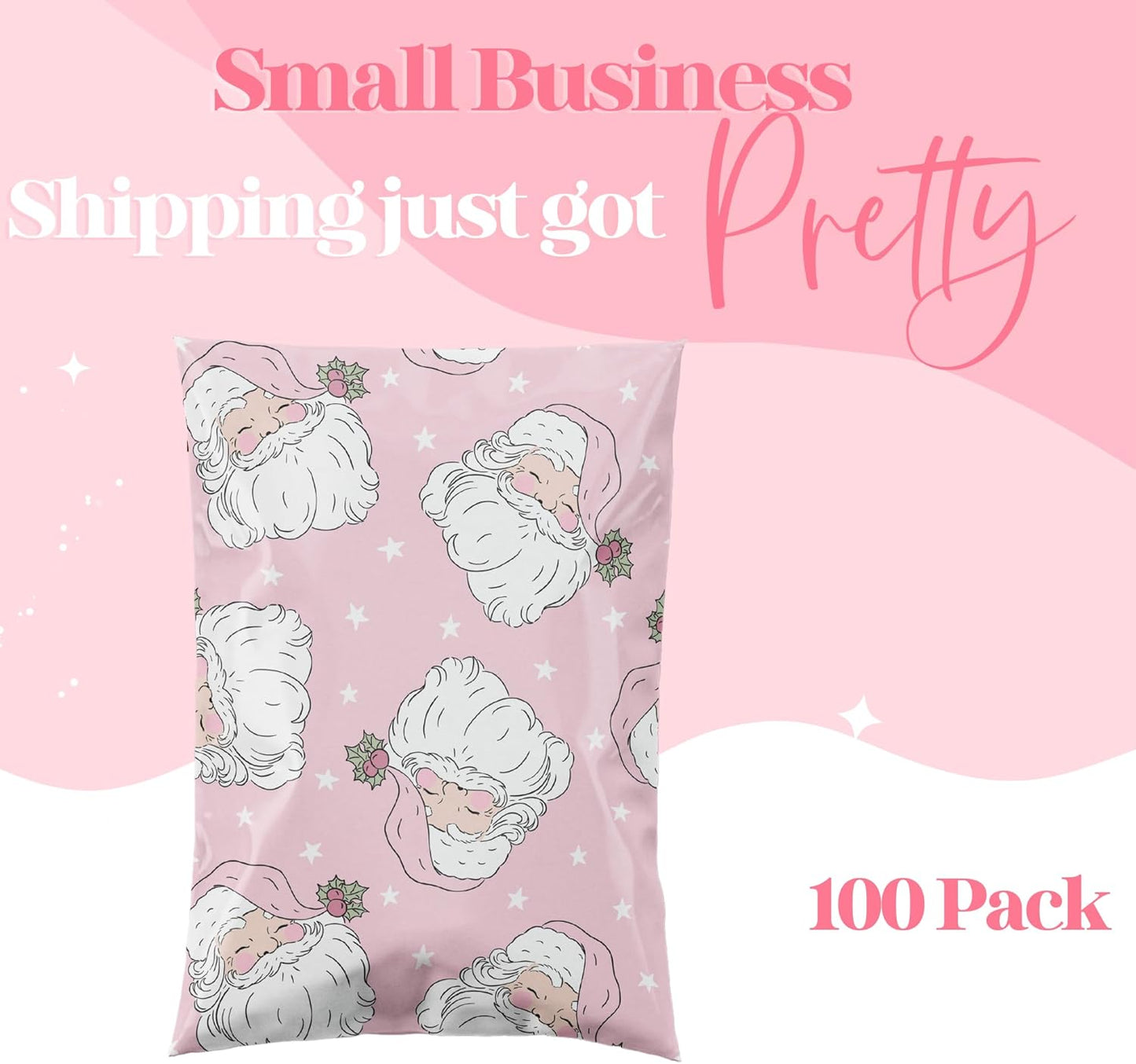 14.5x19 Designer Christmas Holiday Poly Mailers 100 Pack Heavy Duty Waterproof Self Seal Shipping Bags Large Mailing Envelopes Bulk Tear Resistant Cute Packaging Pink Santa