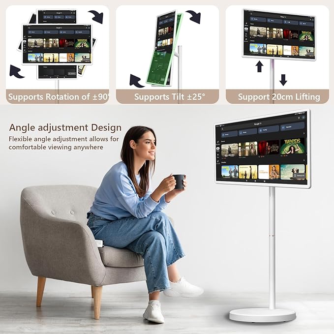 OFD 32 Inch Portable TV on Wheels FHD 1080P,Android15 OS|6GB RAM+128GB Storage|EDLA-Certified,Rolling TV Touchscreen Monitor,Built-in 9600mAh Battery|2K Webcam|Remote Control|Speaker,Fully Rotatable