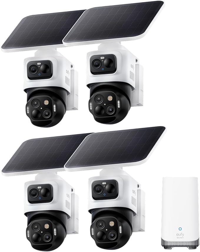 eufy Security eufyCam S4 4-Cam Kit, Solar Security Camera Wireless Outdoor, Triple Lens Bullet-PTZ Cam, 4K UHD, 360° Pan and Tilt, Auto Track, 8× Hybrid Zoom, Color Night Vision, Expandable Storage