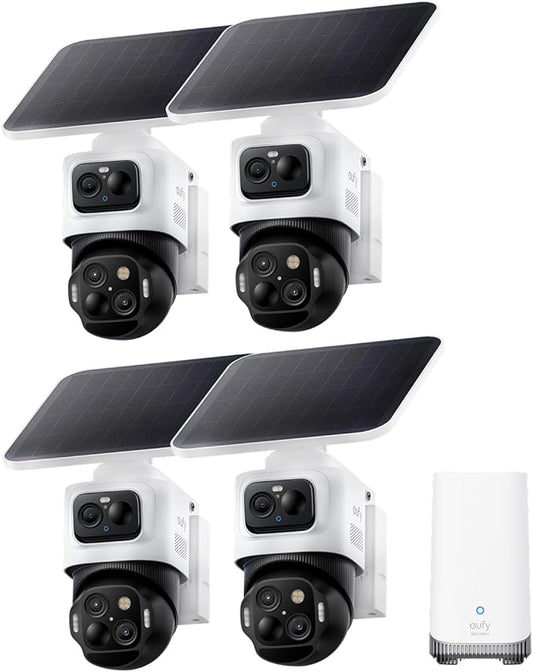 eufy Security eufyCam S4 4-Cam Kit, Solar Security Camera Wireless Outdoor, Triple Lens Bullet-PTZ Cam, 4K UHD, 360° Pan and Tilt, Auto Track, 8× Hybrid Zoom, Color Night Vision, Expandable Storage
