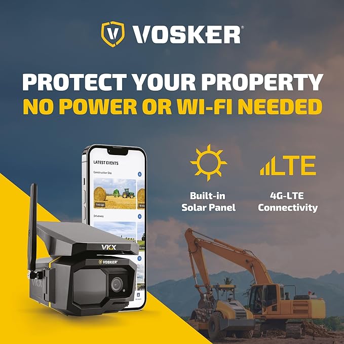 Vosker VKX Construction Pack Solar 4G LTE Security Camera, Wireless Outdoor Surveillance for Remote Construction Sites - No Wi-Fi Needed, SIM Card Included Night Vision, IP65 Weather-Resistant