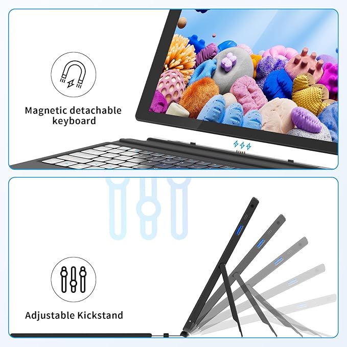 AWOW 10.1" 2-in-1 Windows Tablet with Keyboard, Intel N100 Processor, 12GB DDR5 RAM, 256GB Storage, Detachable Touchscreen Laptop, Windows 11, Dual-Band WiFi, Bluetooth, USB 3.0, HDMI, Dual Cameras