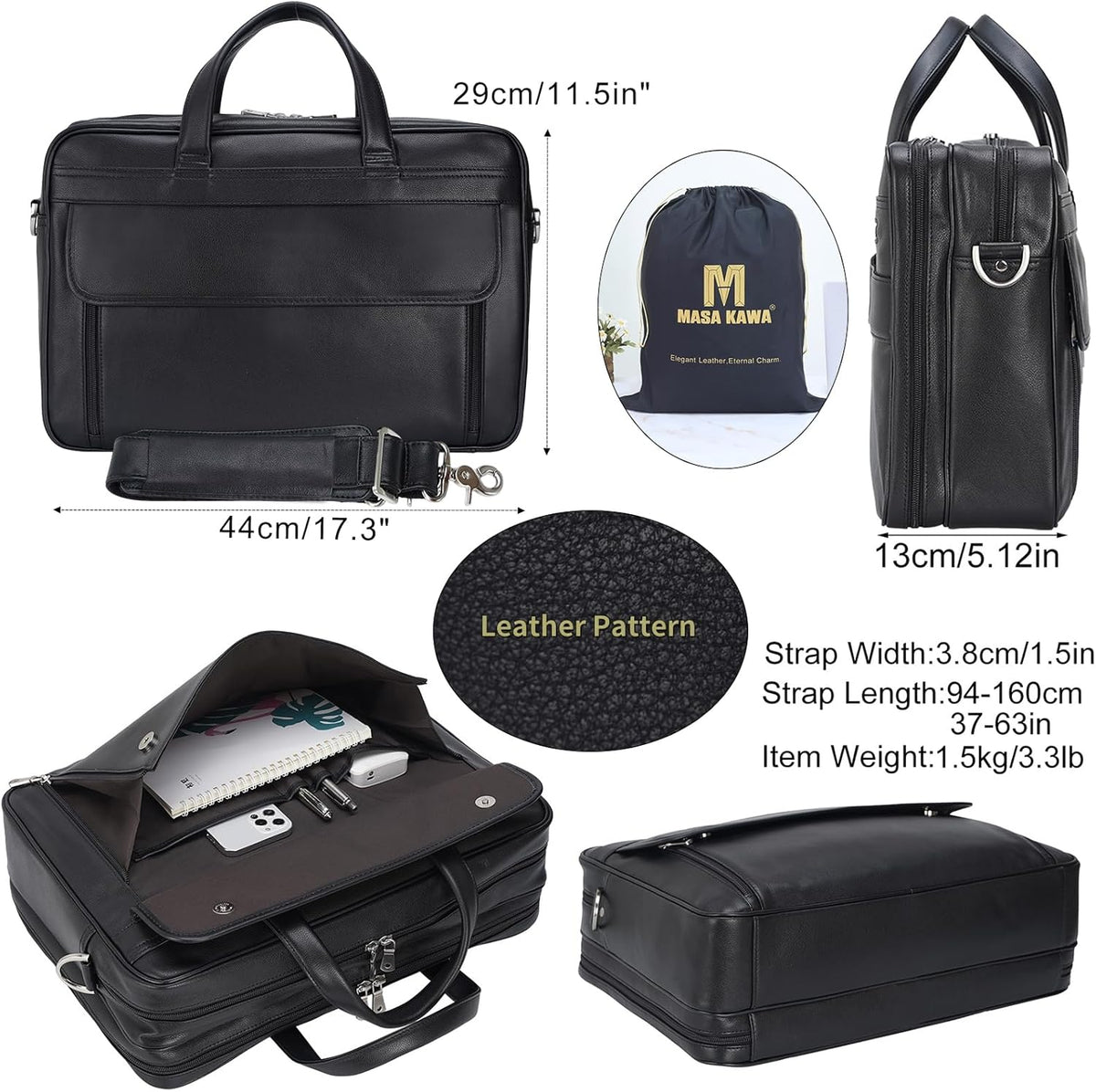 Masa Kawa Leather Briefcase for Men 15.6", 17" Laptop Computer Case Business Travel Work Messenger Cross Body Shoulder Bag