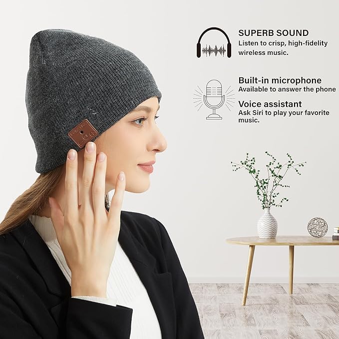 Merino Bluetooth Beanie, Bluetooth 5.2 Wool Hat HD Stereo,30 Hours Play time,Built-in Microphone, Men's/Women's Christmas Electronic Gift (Charcoal)