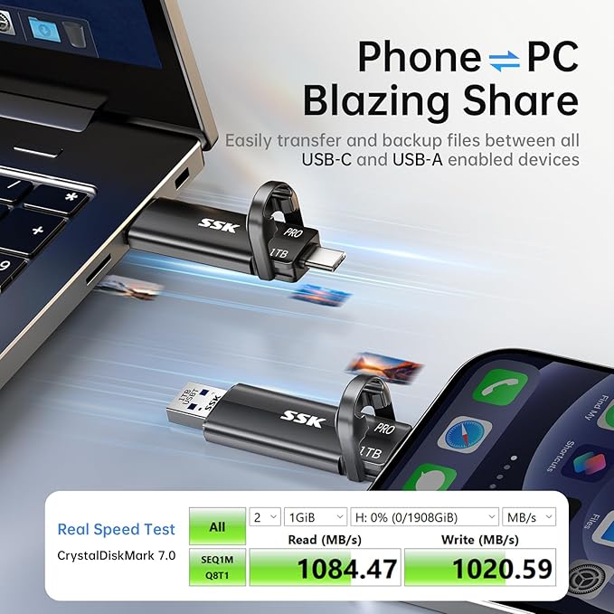 SSK 1TB USB Flash Drive SSD, External TLC NAND Solid State Drive Dual USBC & USBA Ports, Up to 1000MB/s High-Speed Portable 1TB USB Thumb Drive for iPhone 15/16/17 Pro Mac Android PC Backup