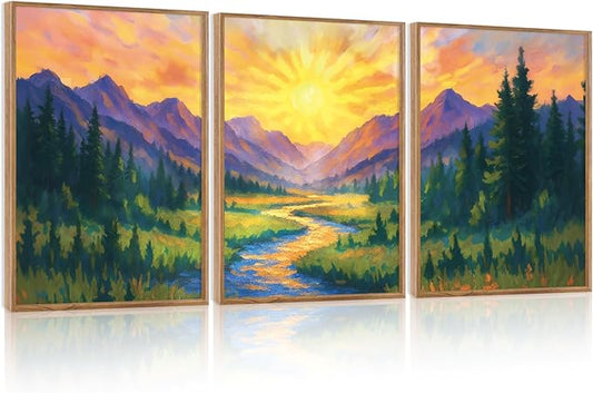 HPNIUB Vintage Mountain Framed Canvas Wall Art Set, Boho Sunrise Art Prints, Forest Nature Wilderness Art Paintings, Modern Farmhouse Pine Tree Wall Decor for Living Room Bedroom, Office- 16"x24"x3