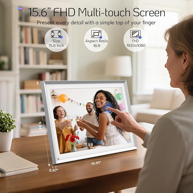 NexFoto 15.6" Touchscreen Digital Picture Frame, FHD WiFi Digital Photo Frame 64GB, Add Pics from Google Photos, Upload Videos via App/USB, Gifts for Christmas/Mom/Grandpartents, Silver