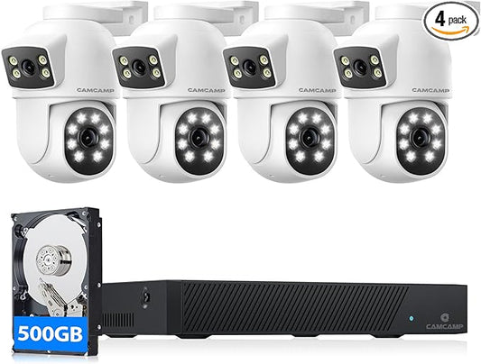 CAMCAMP POE Security Camera System,Dual Lens Wired Security Camera System Outdoor,4pcs 2-in-1 Cameras,2-Way Audio,Auto Tracking,PTZ, Color Night Vision, 8CH NVR with 500GB HDD for 24/7 Recording