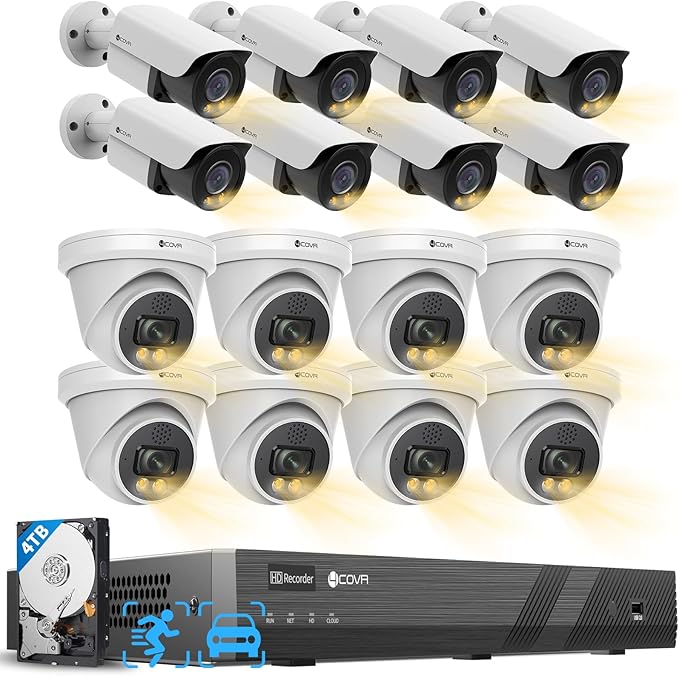 4COVR 4K 16 Channel Security Camera System PoE, 2-Way Audio Talk, AI Person Vehicle Detection & Smart Color Night Vision, UHD 4TB NVR, 8 Dome 8 Bullet 8MP IP67 IP Camera for Businesses, LYH37Y8M1616