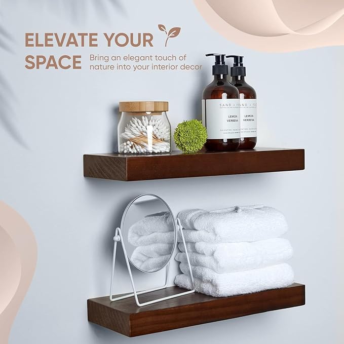 Homeforia Walnut Floating Bathroom Shelves, High End Solid Real Wood 16 inch Small Floating Shelf for Wall Mounted, Dark Brown 16inch Floating Shelves, Heavy Duty Bracket, 16 X 6.5 X 1.75 in, Set of 2