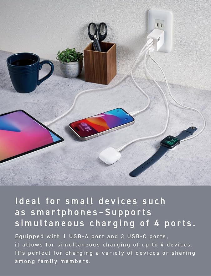 CIO 65W GaN Charger Block, Compact 4-Port Adapter with 3 USB-C Ports & 1 USB-A, Max 67W USBC Fast-Charging Multi-Device Wall Charger Block for Laptop/Phone/Tablet, NovaPort Quad II 67W3C1A (White)