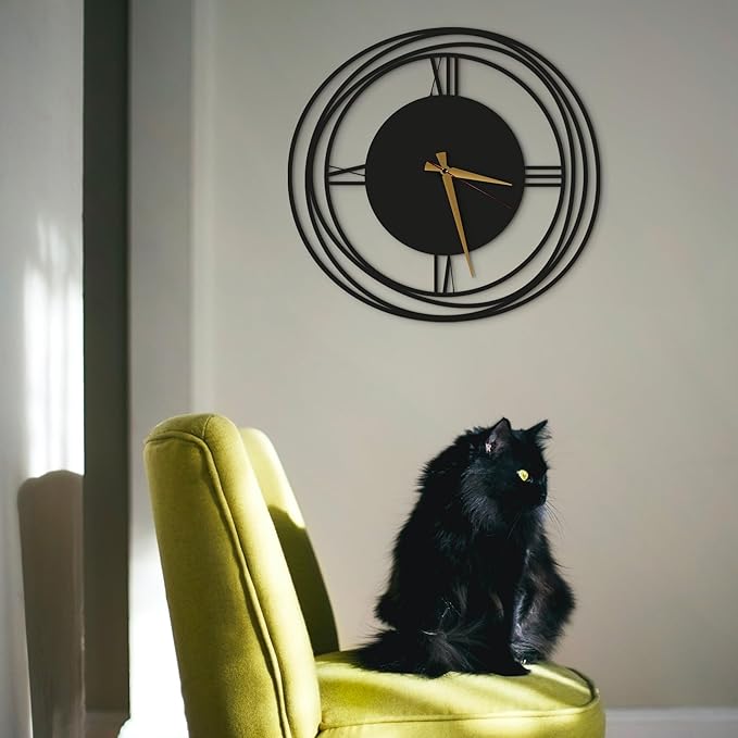 Circular Harmony Wall Clock – 24 Inch Large, Silent Non-Ticking Quartz, Black Metal Decorative Clock for Living Room, Dining Room, Office