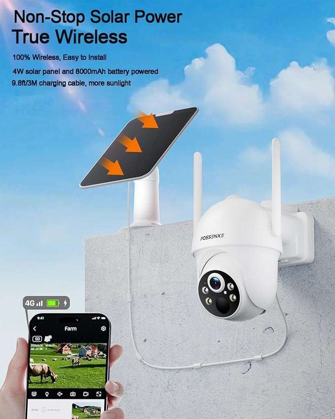 4G LTE Cellular Security Camera Includes 64GB Memory Card & SIM Card(Support Verizon/AT&T/T-Mobile), No WiFi Security Camera Solar Powered with 360° Live View, 2K Color Night Vision