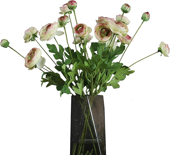 Artificial Silk Flowers Persian Buttercup Bicolor Ranunculus Flower 5 Pcs,Suitable for core Decoration,Wedding Floral Creation,Flower Arrangement DIY Project,Interior Decor（Green）