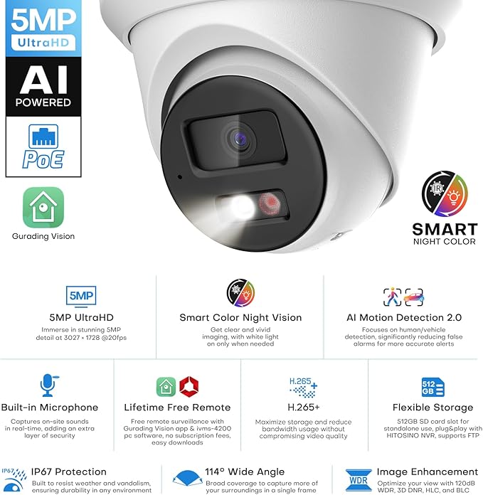 5MP IP PoE Camera, Outdoor Turret Camera with Mic, Hikconnect/SADP/iVMS4200, Smart Color Night Vision, Low light Starlight, Human Vehicle Detection, 114° Wide Angle, Metal IP67, 512GB SD Slot