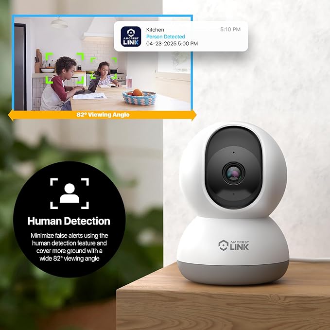 Amcrest Link 4MP WiFi Camera Indoor, Human Detection, Motion-Tracking, w/ 2-Way Audio, Pan/Tilt Wireless IP Camera (Wired Power), 30ft Night Vision, Built in Siren, AL-P401W