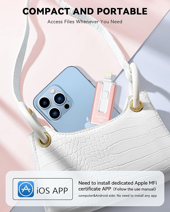 MFi Certified 256GB Flash Drive for iPhone iPad, Photo Stick for External Memory Storage, Easily Back Up and Save Photos Videos, 4 in 1 Memory Stick Thumb Drive for iPhone/iPad/Android/PC (Light Pink)