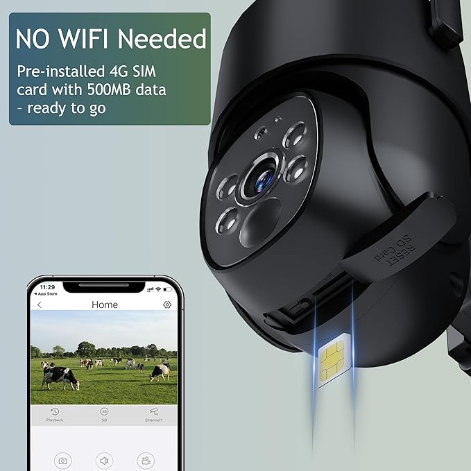 4G LTE Outdoor Security Camera, 2K PTZ Solar Powered Surveillance Cam with SIM Card, PIR+Smart Motion Tracking, 360° Pan Tilt, Night Vision, Two-Way Audio, IP65 for Home/Jobsite/Farm