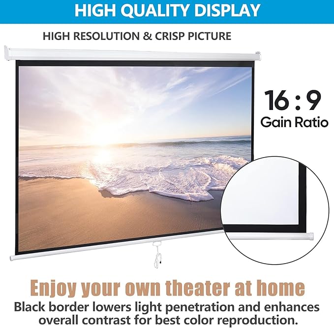Projector Screen 100 Inch 16:9 HD Portable Manual Pull Down Projector Screen, Wall Ceiling Mounted Retractable Widescreen for Home Theater Cinema Office Movie TV Game, White