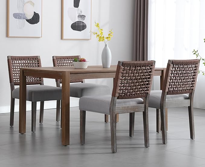 Kmax Farmhouse Dining Chairs Set of 6, Rustic Kitchen Chairs with Linen Fabric Seat and Woven Back, Vintage Accent Chairs for Dining Room, Living Room, Grey