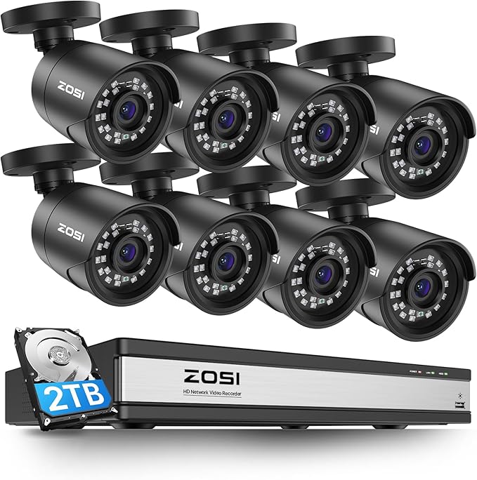ZOSI H.265+ 1080p 16 Channel Home Security Camera Outdoor Indoor, 16CH CCTV DVR with AI Human Vehicle Detection and 8 x 1080p Surveillance Bullet Camera, 100ft Night Vision, 90° View Angle, 2TB HDD