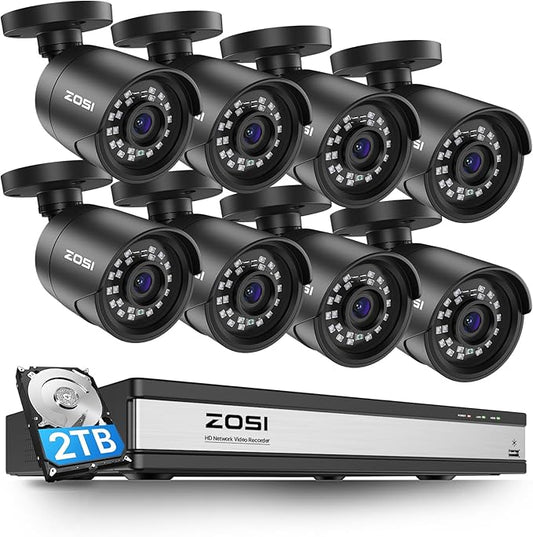 ZOSI H.265+ 1080p 16 Channel Home Security Camera Outdoor Indoor, 16CH CCTV DVR with AI Human Vehicle Detection and 8 x 1080p Surveillance Bullet Camera, 100ft Night Vision, 90° View Angle, 2TB HDD