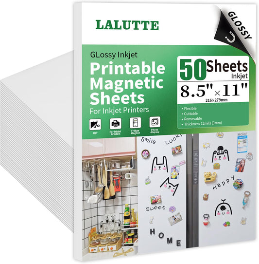 50 Sheets Printable Magnetic Sheets 8.5x11 Inches for Inkjet Printers, Glossy White Magnetic Print Paper, 12mil Thickness, Flexible Magnet Photo Paper for Refrigerator DIY Crafts