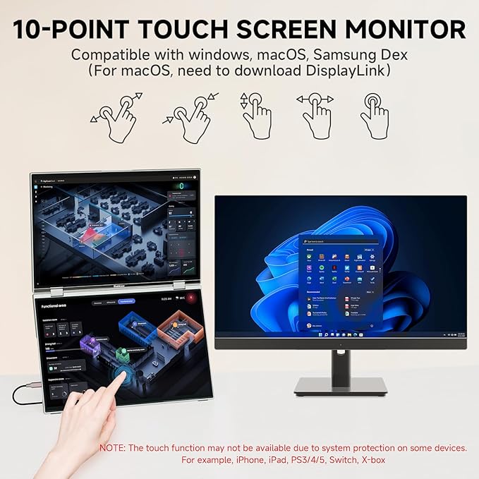 U16 Pro 16" Dual Portable Monitor Touchscreen, 1200P FHD Laptop Screen Extender with USB-C/HDMI, Plug & Play Foldable Travel Monitor for Laptop/Mac/PC/Phone/Windows, VESA Mountable