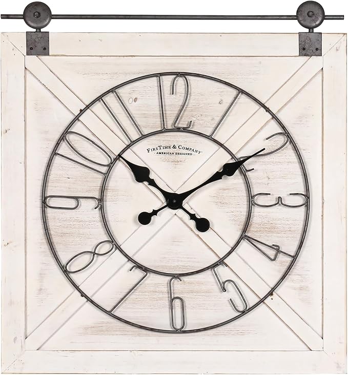 Oakrain Rustic Large Wall Clock, Classic Vintage Hanging Clock, Silent Non-Ticking Square Wall Clock for Living Room Bedroom Office, Numeral, Distressed White, 27''x29''