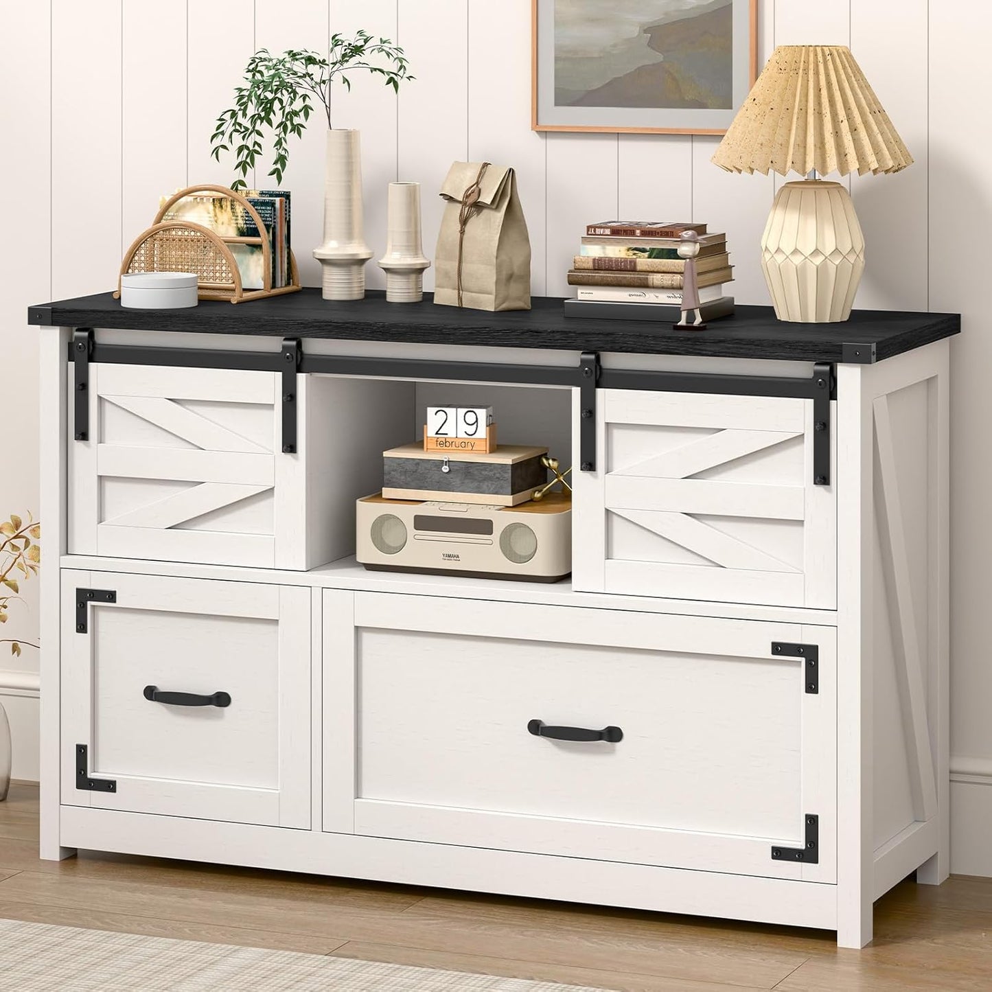 Lateral File Cabinets 2 Drawer with Sliding Barn Doors, Farmhouse Filing Cabinet with 2 Drawer for Home Officeï¼Filing Organization Storage Cabinets for Hanging Files Letter/Legal/F4/A4.(Black.)