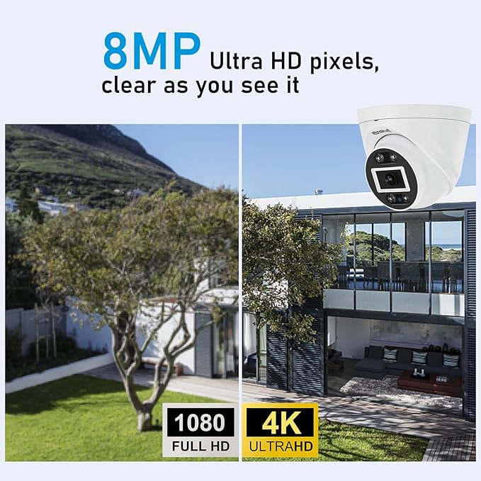 JideTech 8MP PoE IP Turret Camera Outdoor, Metal 4K IP Dome Camera Indoor, 2.8mm Lens Wide Angle, Human Vehicle Motion Detection, 98ft Dual Light Color Night Vision, IP66, RTSP,for Onvif NVR