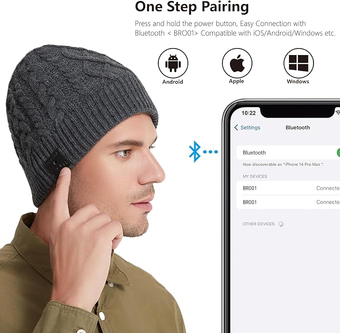 Bluetooth Beanie, Bluetooth 5.2 HD Stereo,30 Hours Play time,Built-in Microphone, Men's/Women's Christmas Electronic Gift (Charcoal)