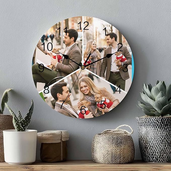 Custom 3 Photo Wall Clock, Personalized Picture Silent Wall Clock Non Ticking for Bedroom, Living Room, Kitchen, Office, Idea Gifts for Couples, Boyfriend, Girlfriend, Family (10", 12", 14")