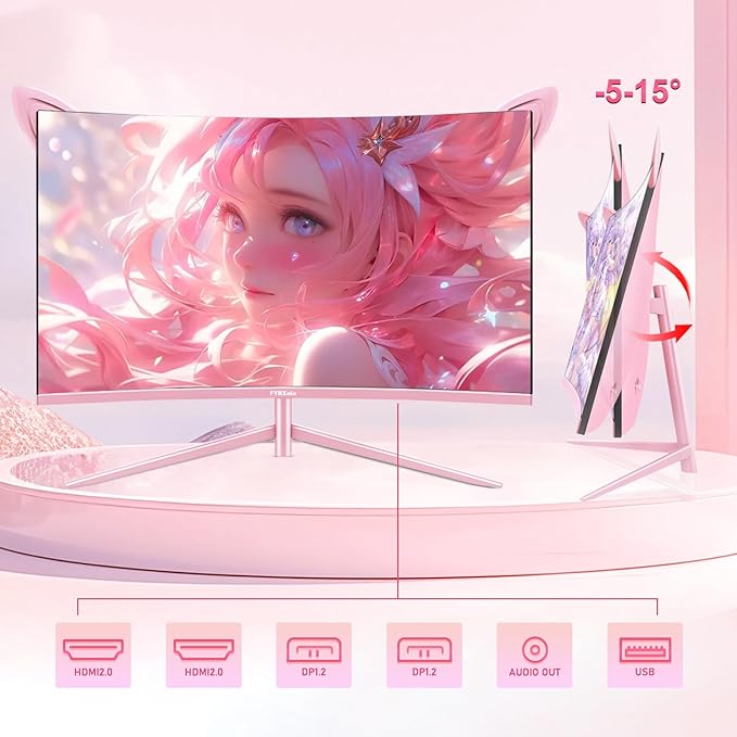 27 inch Gaming Monitor, Pink 1800R Curved Monitor, FHD-1920X1080P, 165Hz, 1ms, Fast IPS, FreeSync Hdmi Monitor with Ultrathin, HDMI/DP/USB Vesa/Wall Mount Computer Monitor-Pink