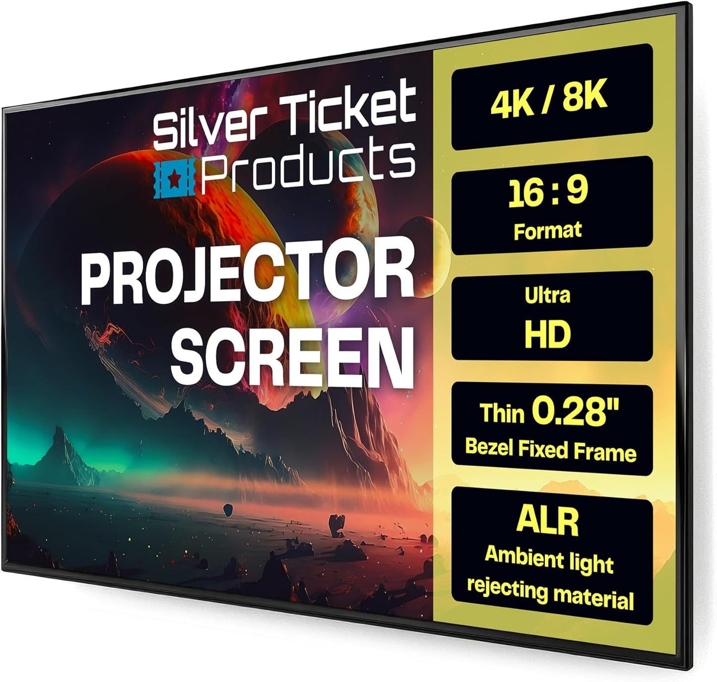 Silver Ticket Products S7 Series 6 Piece Thin Bezel Home Theater Fixed Frame 4K/8K Ultra HD, HDTV, HDR & Active 3D Projection Screen, 16:9 Format, 92" Diagonal, UST Eclipse Material