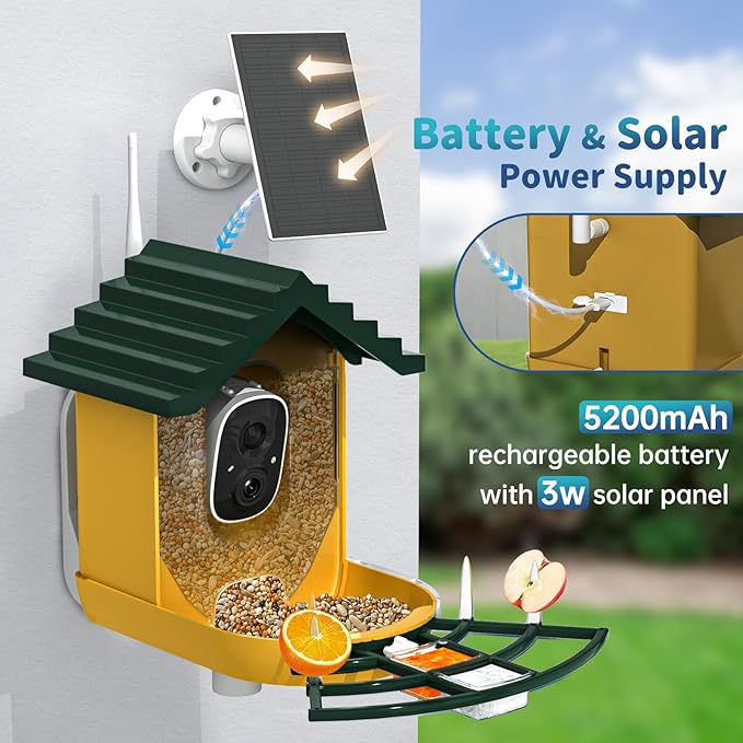 Smart Bird Feeder with Camera Solar Powered & AI Bi rd Identification, 2.4Ghz WiFi Bird feeders for Outdoors, 2K Live Video, Nstant Arrival Alerts - Green-Yellow