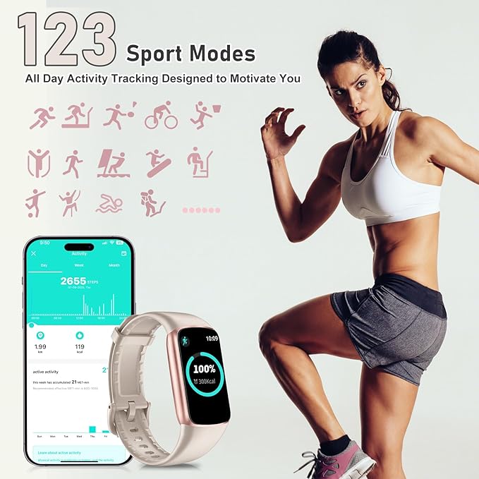 Fitness Tracker with 24/7 Heart Rate, Blood Pressure Blood Oxygen Sleep Monitor, 123 Sports Modes Calories Smart Watch,IP68 Waterproof Step Counter Activity Trackers Pedometer for Women Men